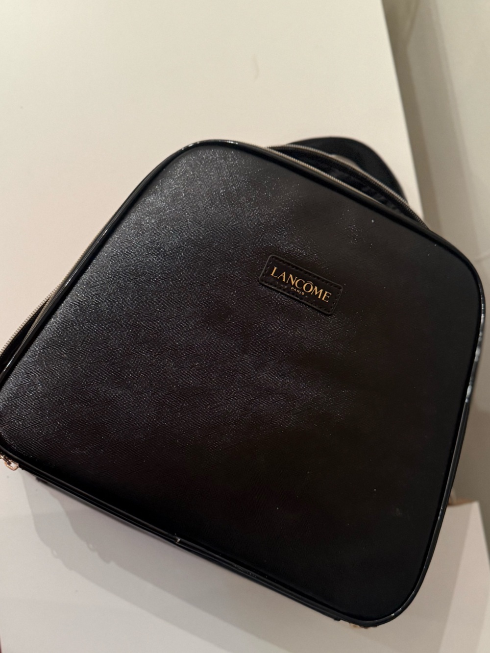 Lancome Make Up Bag Case Large Black Texturized with gold Hardware